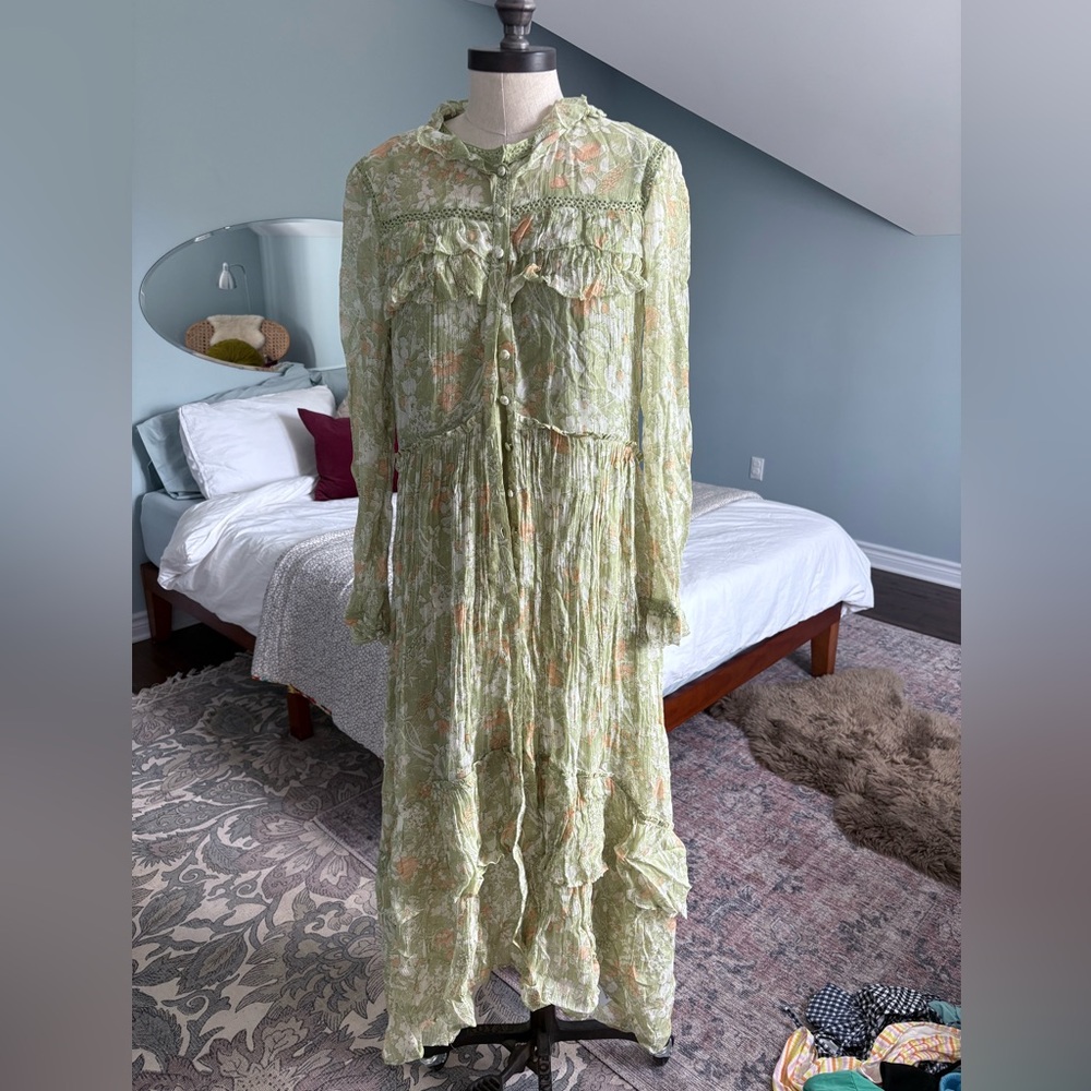 Anthropologie Light Green Floral Long Sleeve Dress